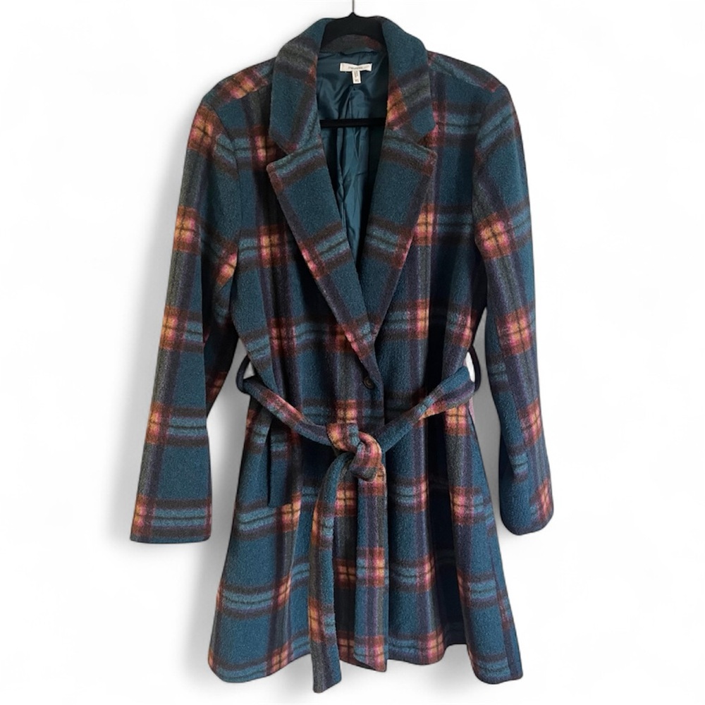 Maurices Plaid Belted Faux Wool Wrap Long Coat Sz XL Teal Tan Brown Pink - Picture 3 of 9